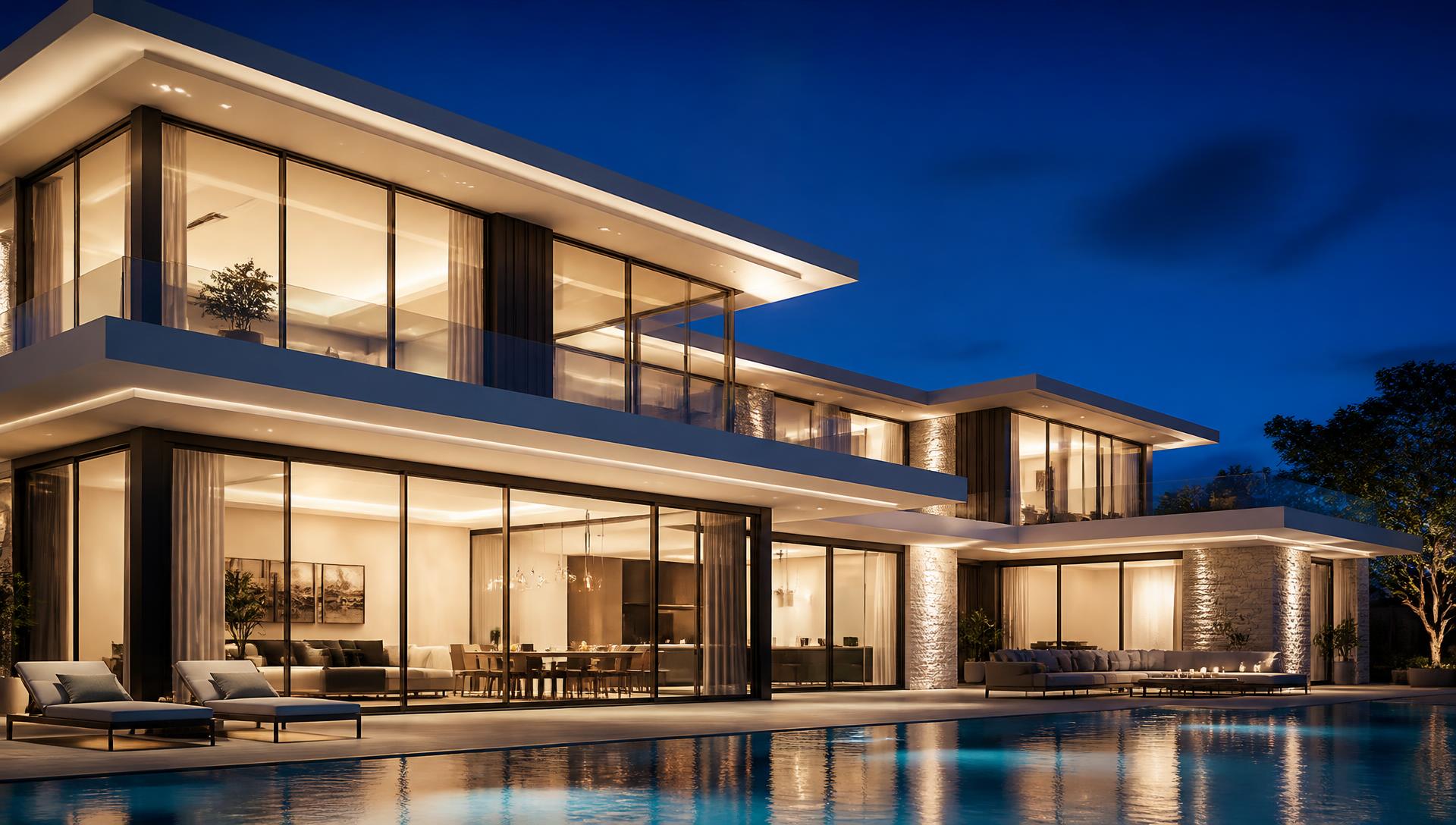 Luxury modern villa with full-height uPVC glass windows and sliding doors at dusk